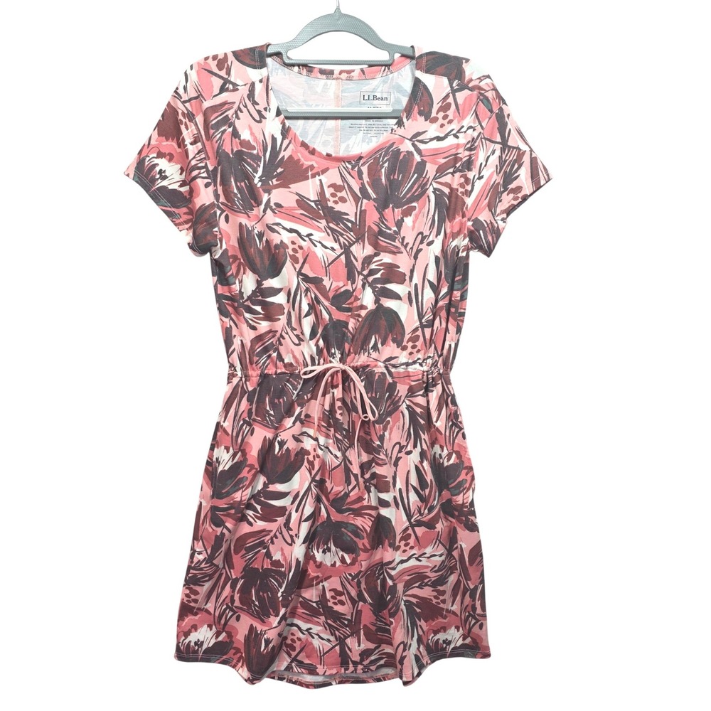 LL Bean Womens Tshirt Dress Pink Floral Drawstring Pockets Sz M Coastal Travel